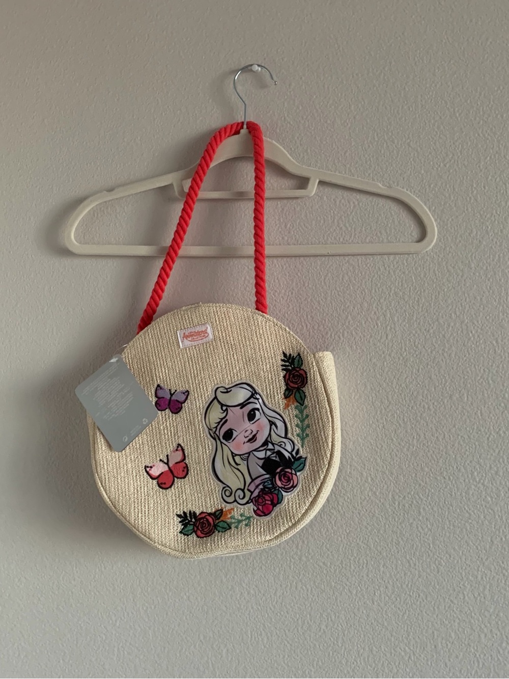 Disney Round Straw Shoulder Bag in Cream with Red Strap